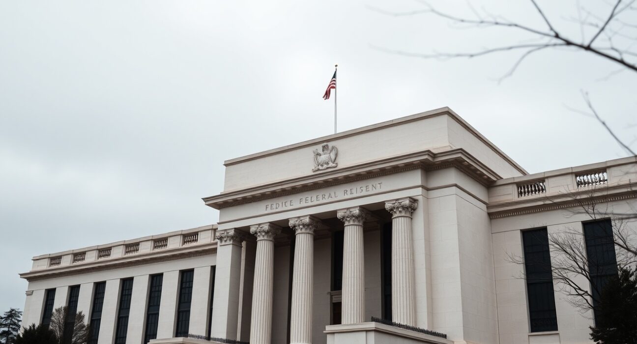 Federal Reserve building in Washington, D.C., on a cloudy day, representing monetary policy and interest rate decisions.