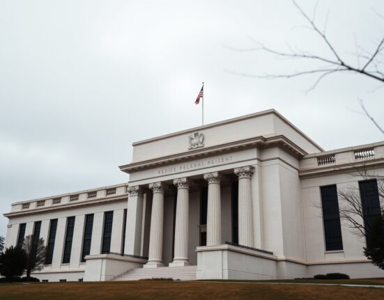 Federal Reserve building in Washington, D.C., on a cloudy day, representing monetary policy and interest rate decisions.