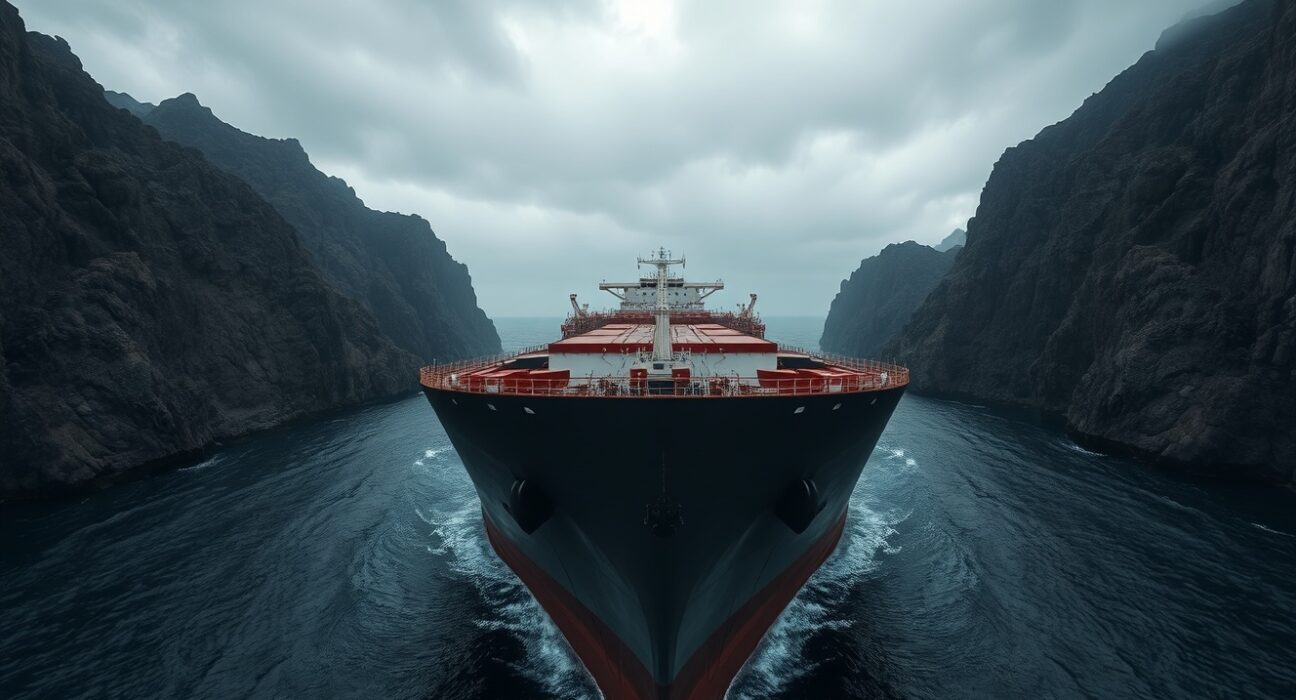 Oil tanker navigating the Strait of Hormuz under overcast skies