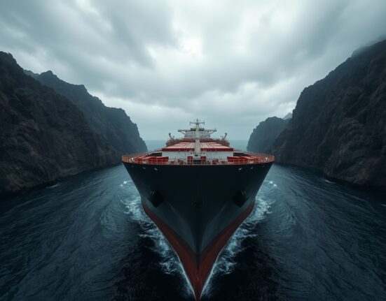 Oil tanker navigating the Strait of Hormuz under overcast skies
