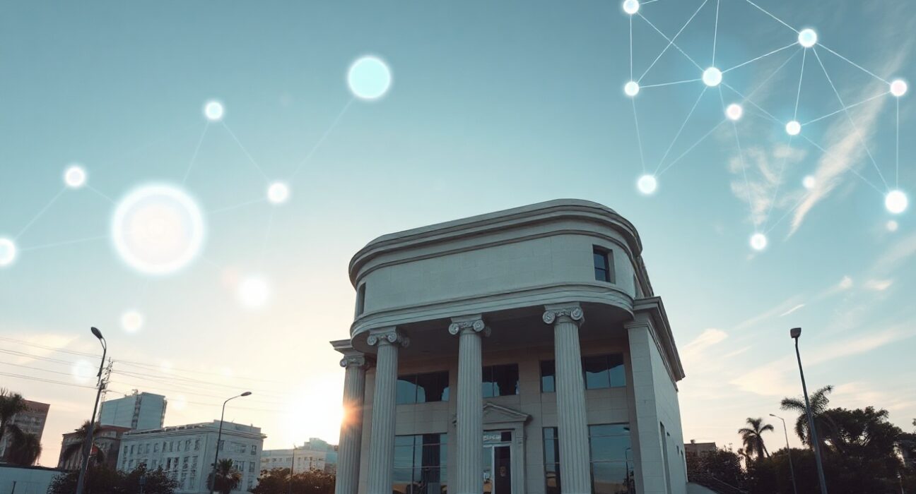 Bank building exterior with digital blockchain overlay representing institutional crypto services