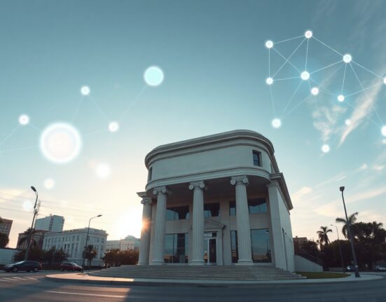 Bank building exterior with digital blockchain overlay representing institutional crypto services