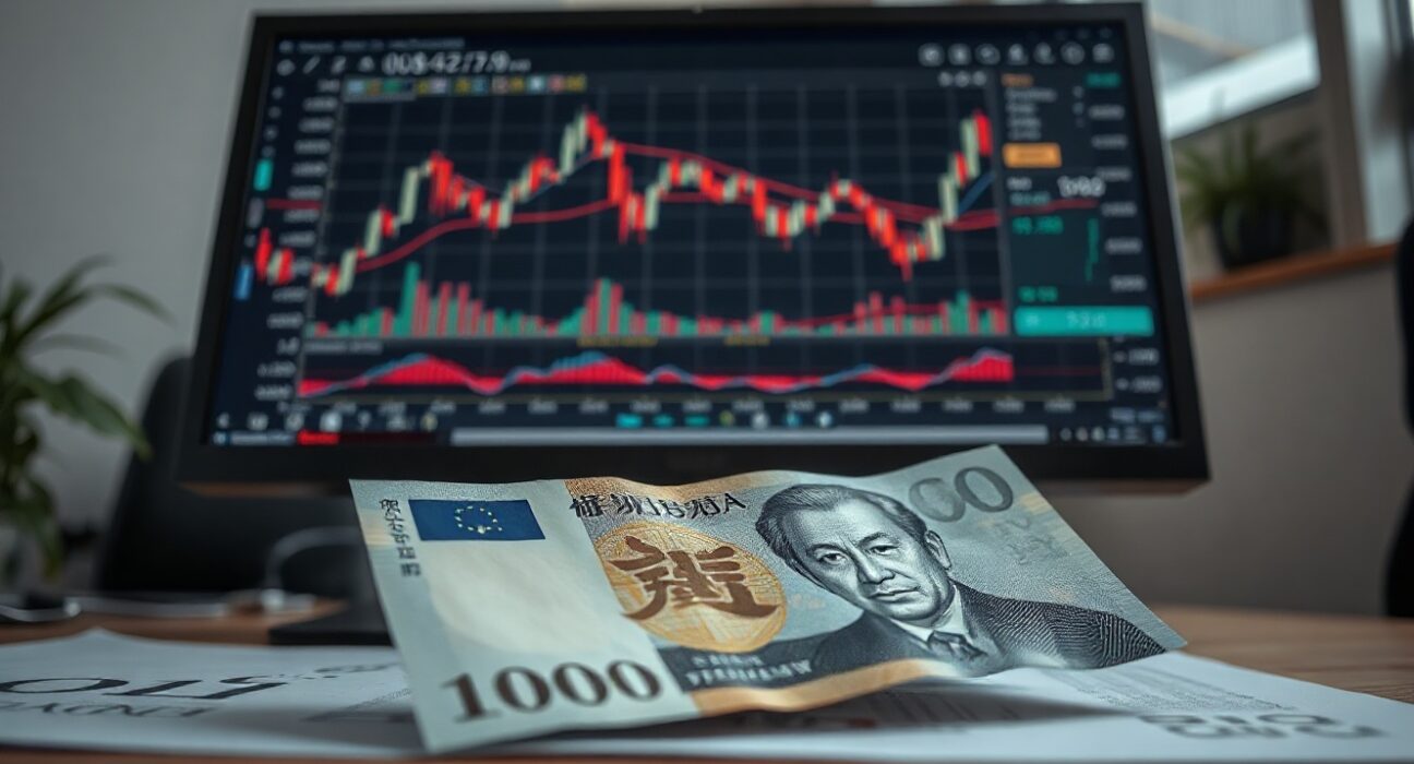 Japanese yen banknote and USD/JPY chart on a trading desk, symbolizing currency market analysis.