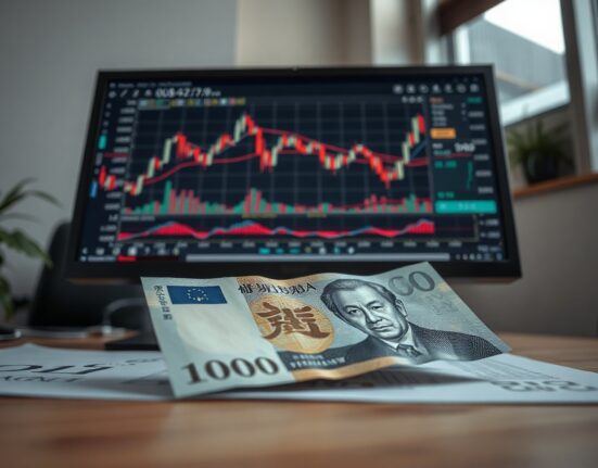 Japanese yen banknote and USD/JPY chart on a trading desk, symbolizing currency market analysis.