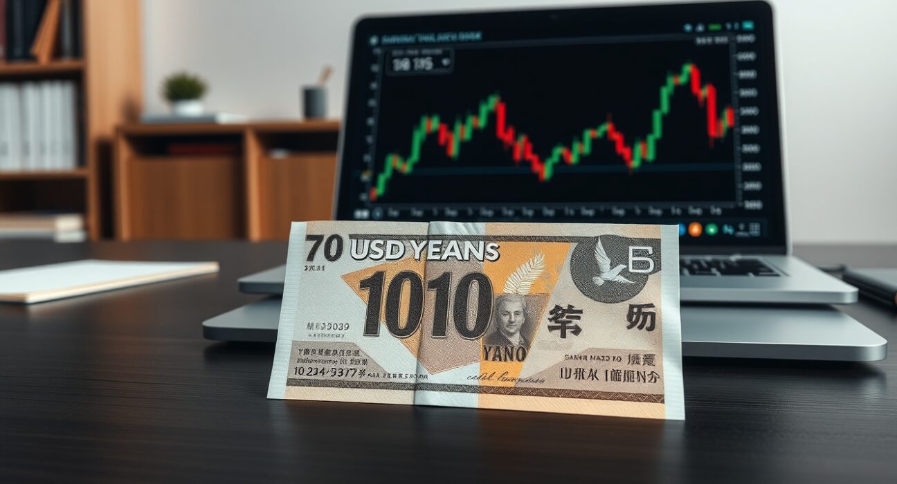 Japanese yen banknote on a desk with a laptop showing forex chart, illustrating currency valuation analysis.