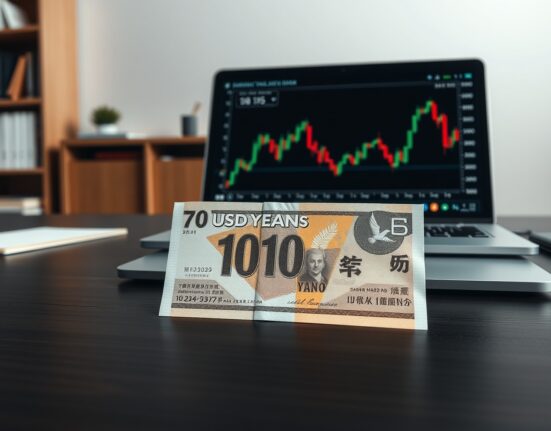Japanese yen banknote on a desk with a laptop showing forex chart, illustrating currency valuation analysis.