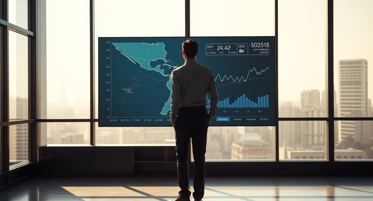 Financial analyst reviewing Latin America capital flow data and interest rate charts on a digital screen.