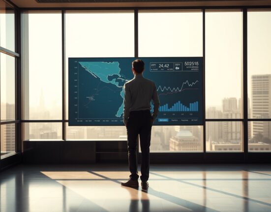 Financial analyst reviewing Latin America capital flow data and interest rate charts on a digital screen.