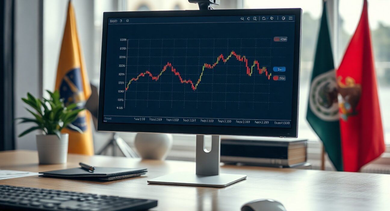 Financial analyst reviewing bond yield charts on a monitor with Latin American flags in background