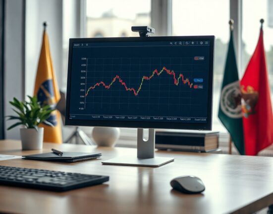 Financial analyst reviewing bond yield charts on a monitor with Latin American flags in background