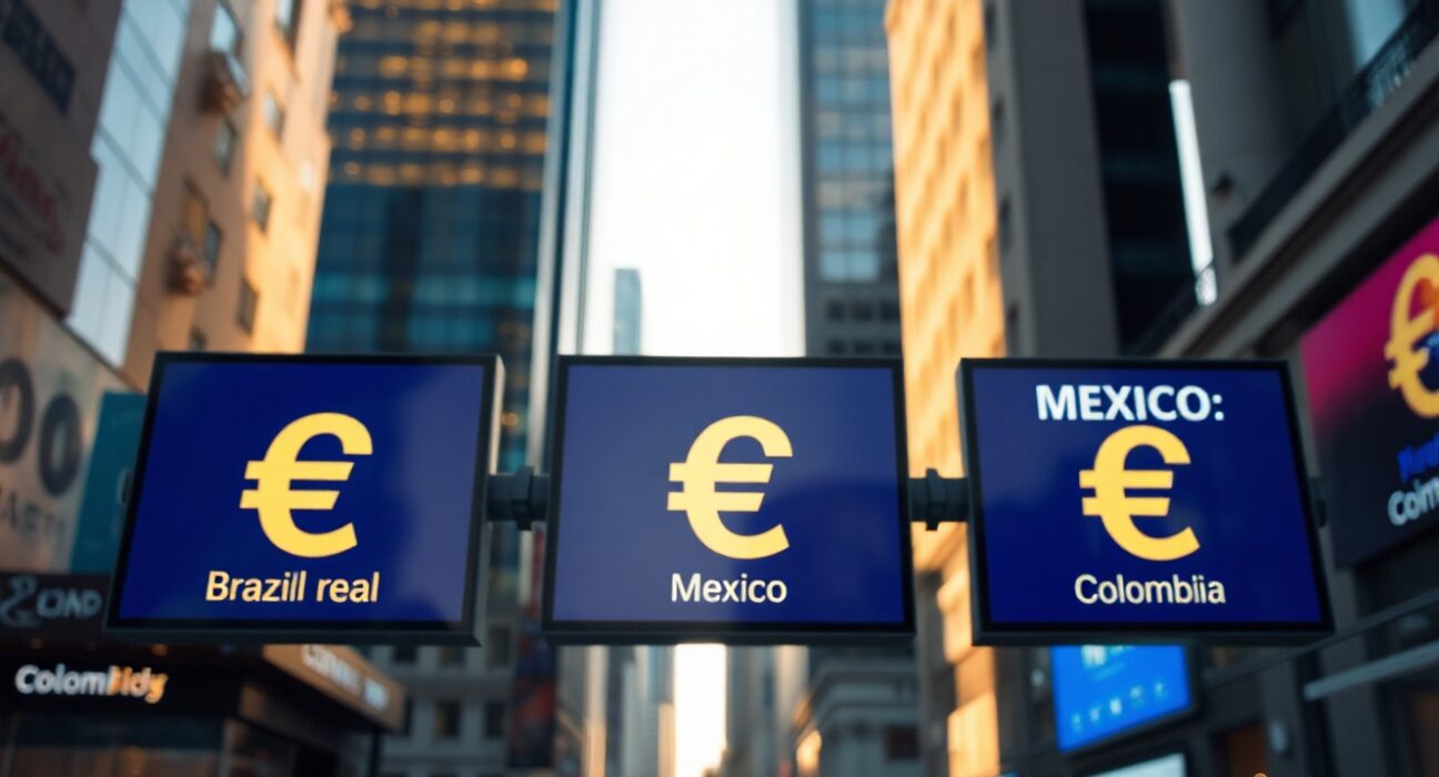 Digital currency exchange board showing Latin American currencies in a modern financial district