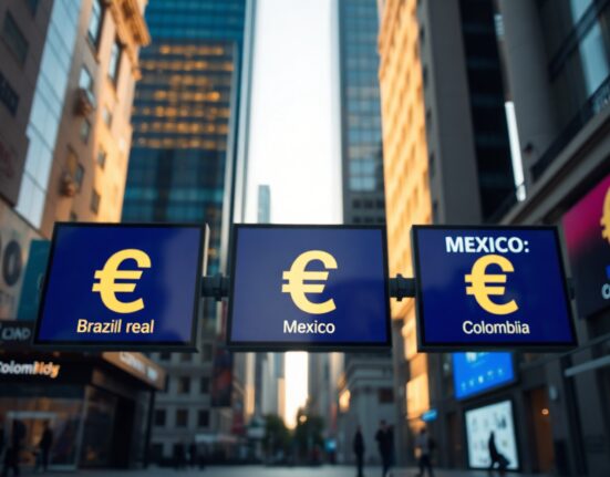 Digital currency exchange board showing Latin American currencies in a modern financial district