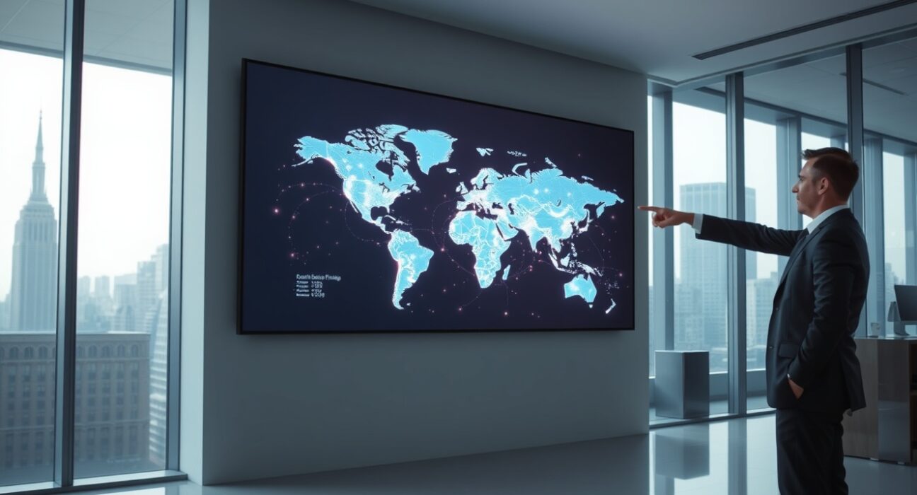 Professional in a modern office pointing at a blockchain network visualization on a large digital screen.