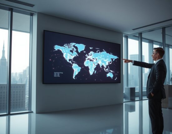 Professional in a modern office pointing at a blockchain network visualization on a large digital screen.