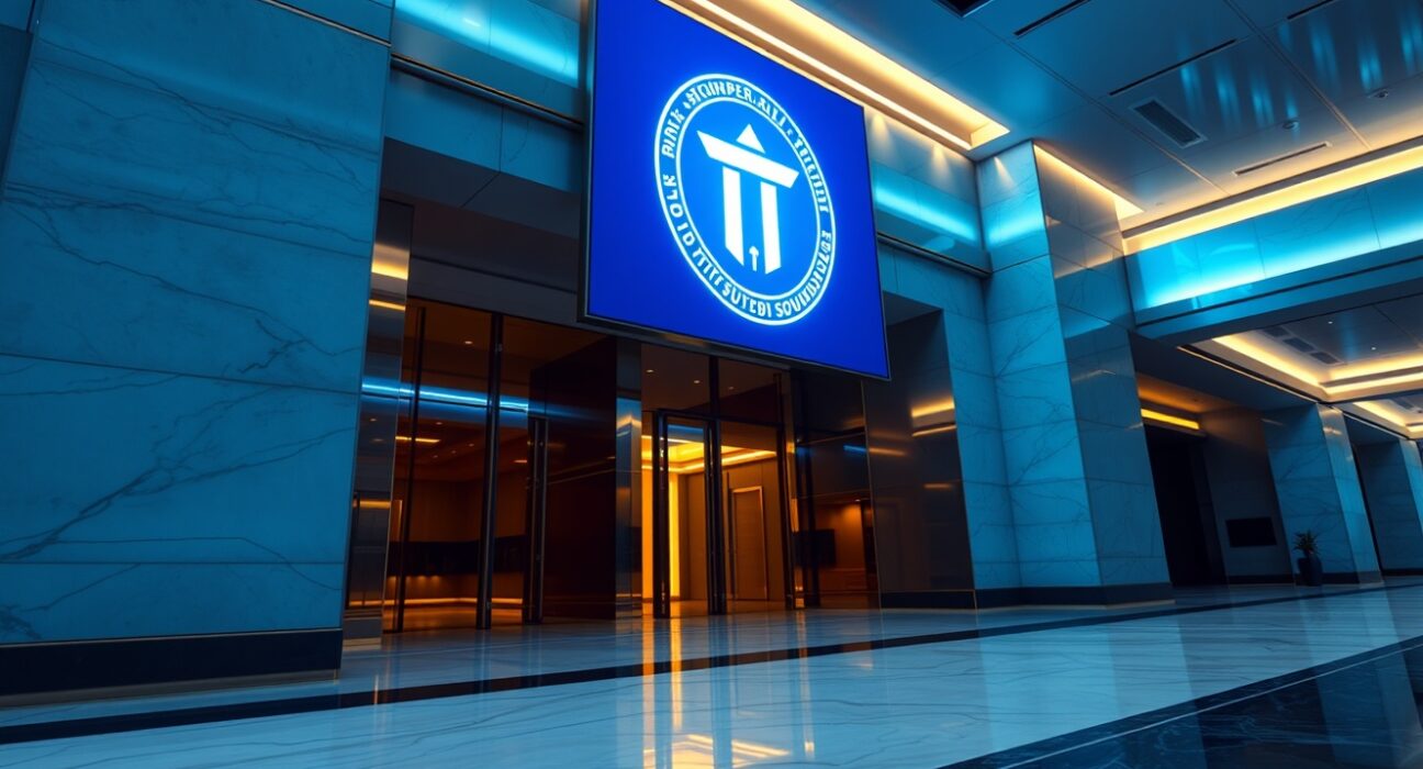 Digital display of a tokenized U.S. Treasury bond in a modern bank lobby