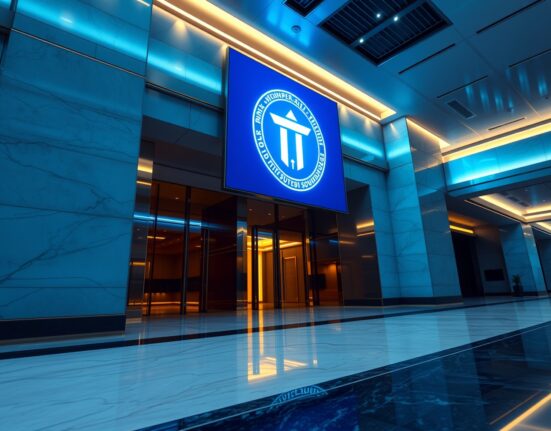 Digital display of a tokenized U.S. Treasury bond in a modern bank lobby