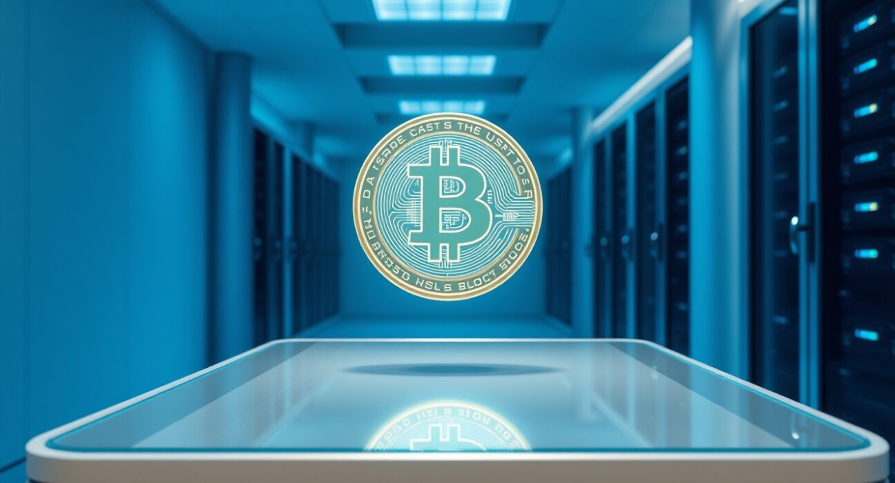 Glowing USDC coin in a high-security digital asset custody vault with server racks