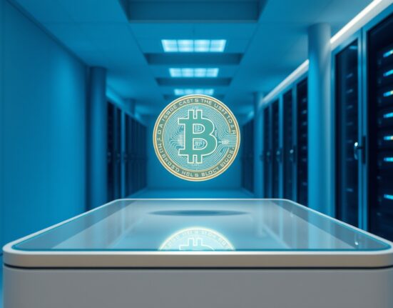 Glowing USDC coin in a high-security digital asset custody vault with server racks