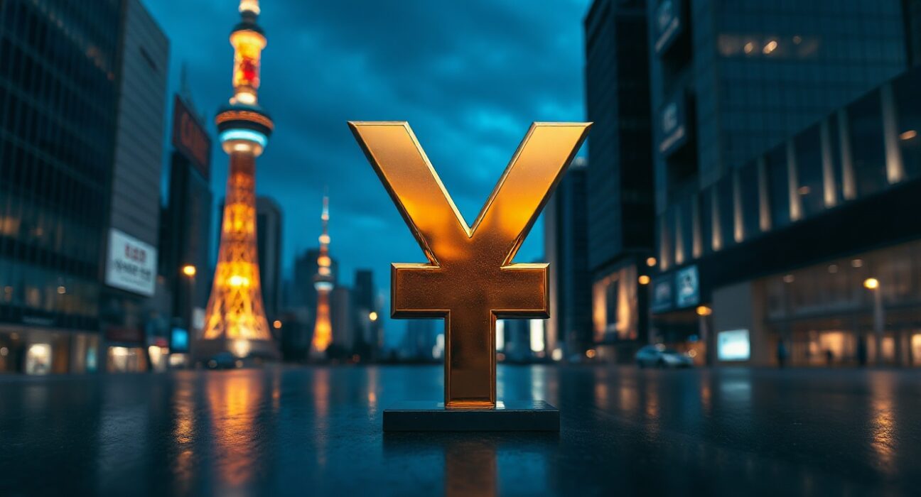 Japanese Yen symbol in a financial district, representing currency intervention scrutiny.