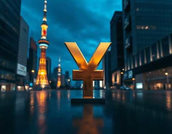 Japanese Yen symbol in a financial district, representing currency intervention scrutiny.