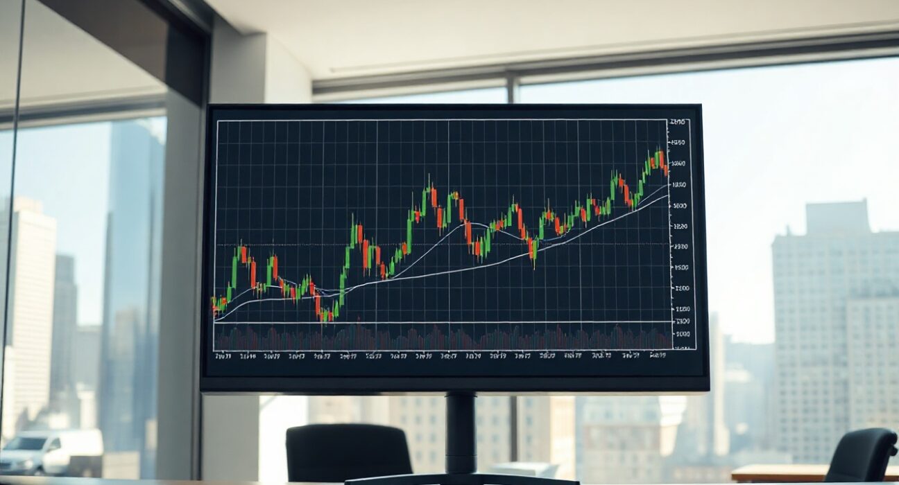 Financial analyst monitoring a stock chart showing market rotation patterns on a large screen in a modern office.