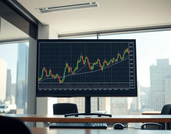 Financial analyst monitoring a stock chart showing market rotation patterns on a large screen in a modern office.