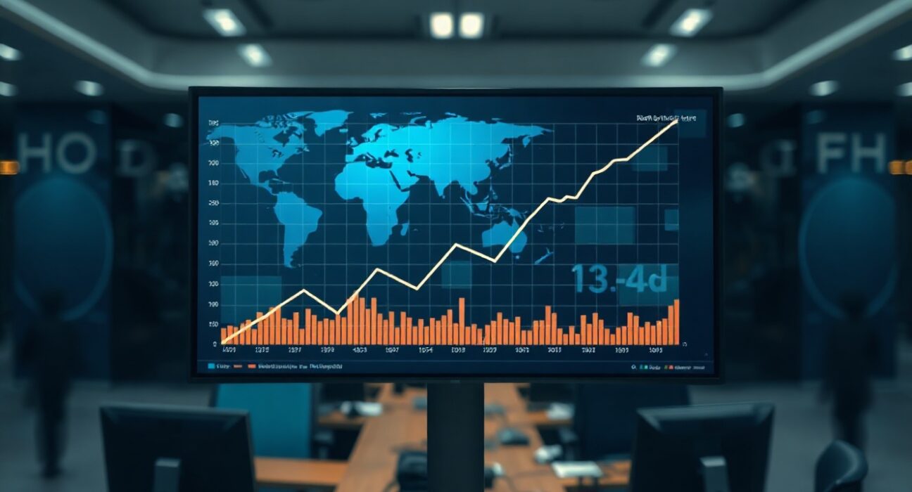 Financial chart showing rising yields on a trading screen in a dimly lit room.