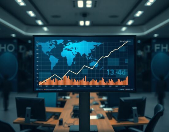 Financial chart showing rising yields on a trading screen in a dimly lit room.