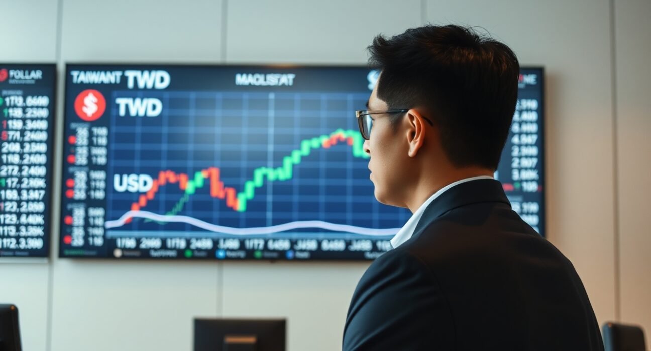 Financial analyst studying Taiwan dollar exchange rate charts on a digital display.