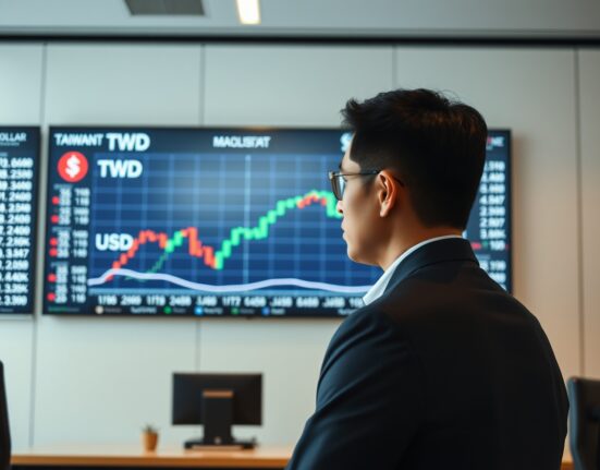 Financial analyst studying Taiwan dollar exchange rate charts on a digital display.