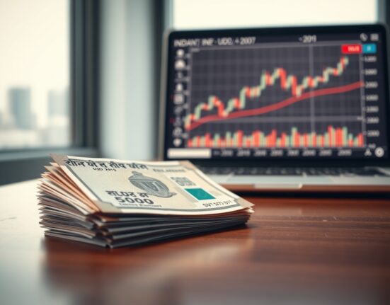 Stack of Indian rupee notes with a laptop showing forex charts in the background.