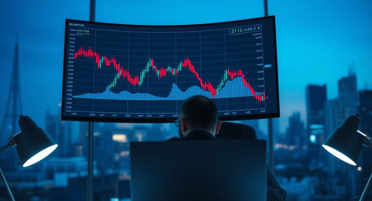 Financial analyst monitoring a declining stock market chart on a computer screen in a modern office.