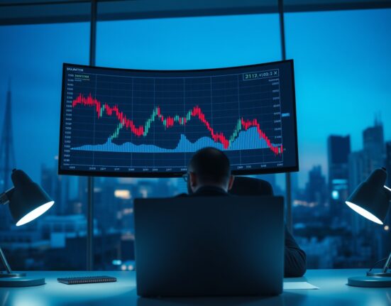 Financial analyst monitoring a declining stock market chart on a computer screen in a modern office.