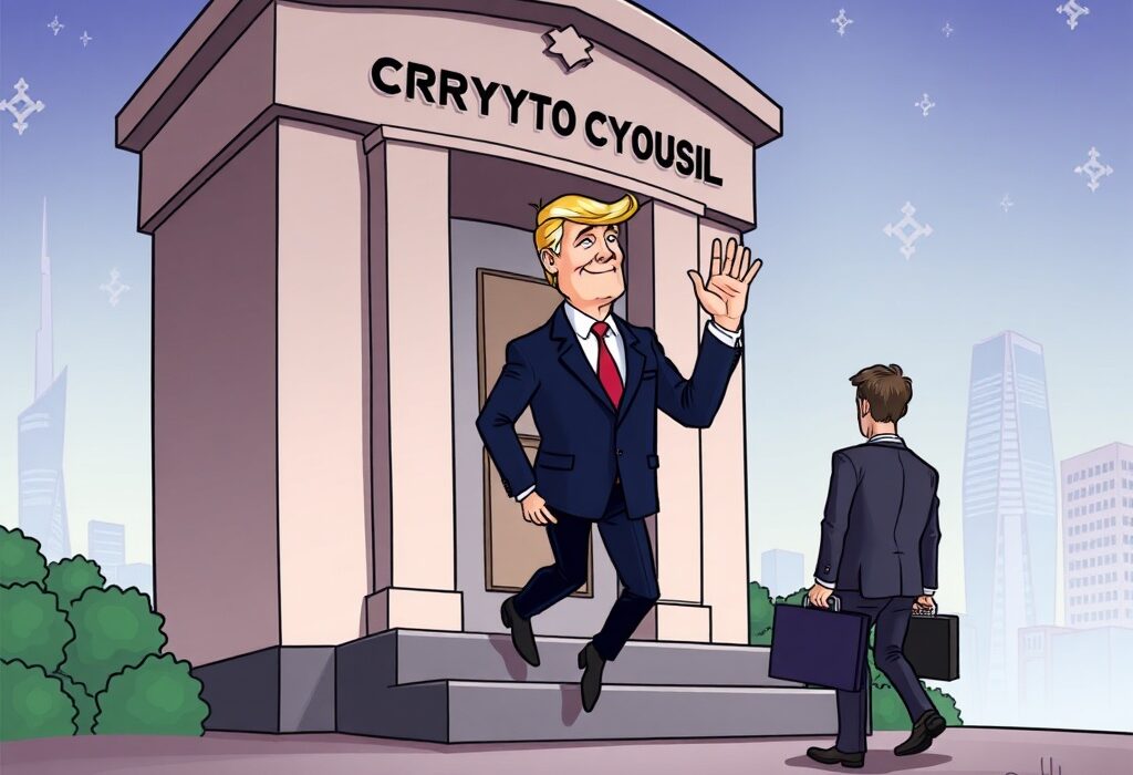 Cartoon illustration depicting Bo Hines stepping down from the Trump crypto council, signifying a leadership transition in digital assets policy.