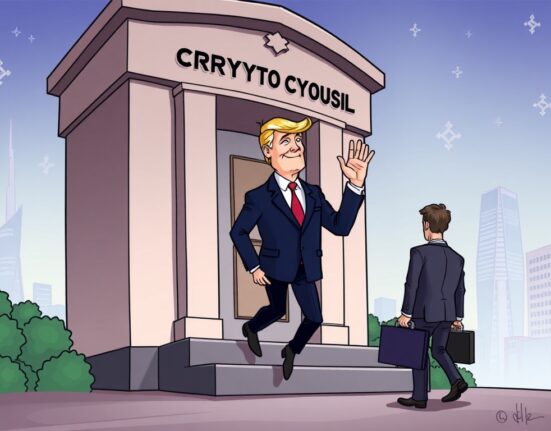 Cartoon illustration depicting Bo Hines stepping down from the Trump crypto council, signifying a leadership transition in digital assets policy.
