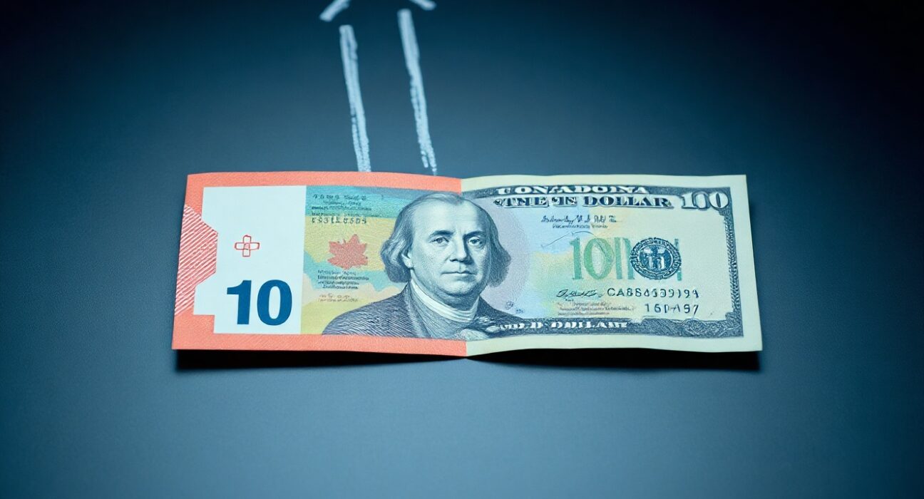 Canadian and US dollar banknotes on a desk with a downward trend graph, representing the weakening Canadian dollar due to BoC-Fed policy divergence.
