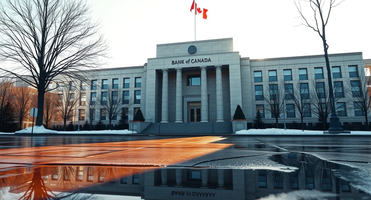 Bank of Canada headquarters in Ottawa under winter sunlight, symbolizing the central bank's decision to keep interest rates unchanged.