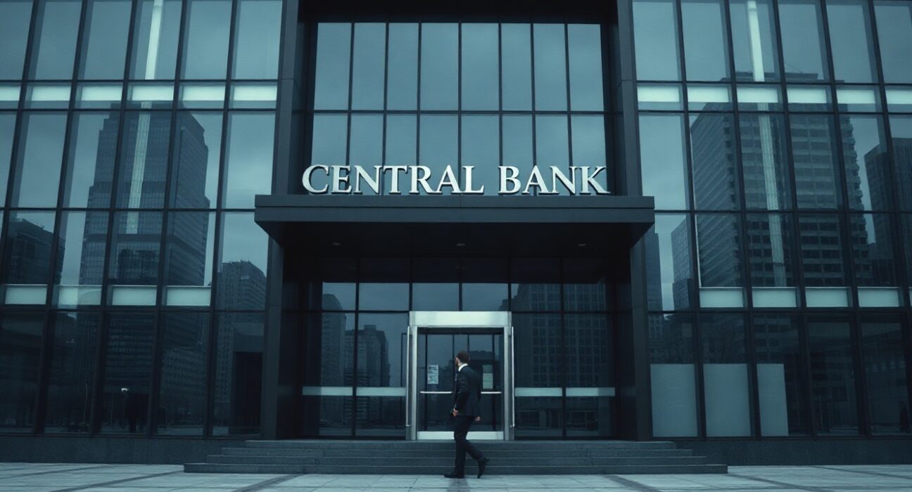 Exterior of a modern central bank building on an overcast day, representing global economic uncertainty.