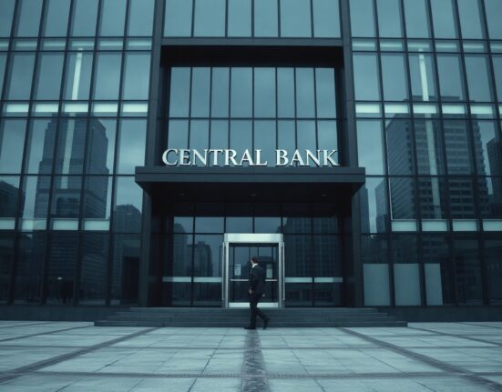 Exterior of a modern central bank building on an overcast day, representing global economic uncertainty.