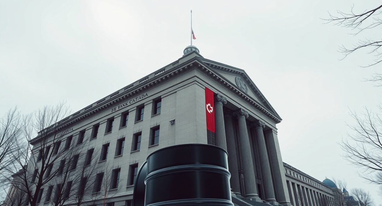 Bank of Canada headquarters with oil barrel symbolizing oil price impact on monetary policy delay.