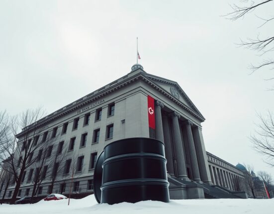 Bank of Canada headquarters with oil barrel symbolizing oil price impact on monetary policy delay.