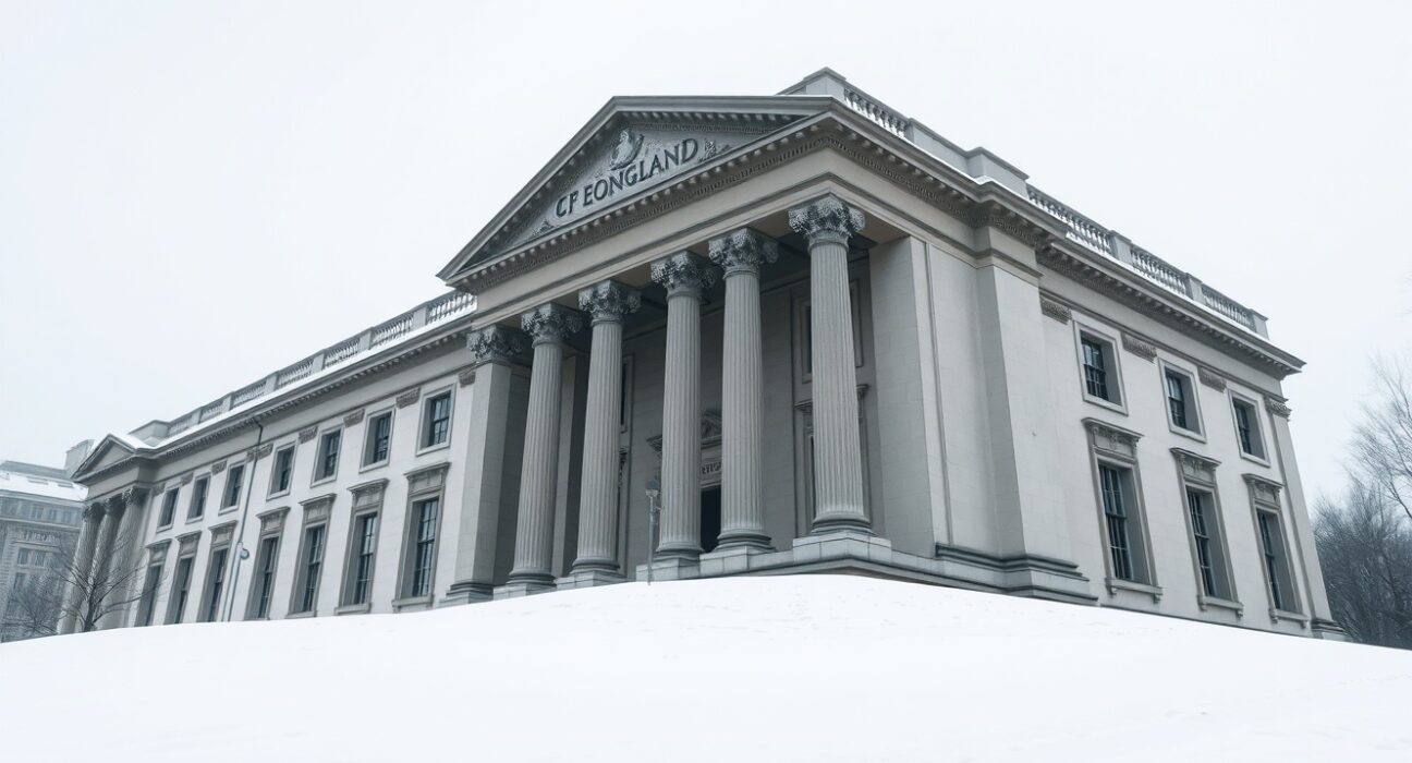 Bank of England building in London under overcast sky, representing BoE active hold decision amid re-emerging inflation risks in 2025.