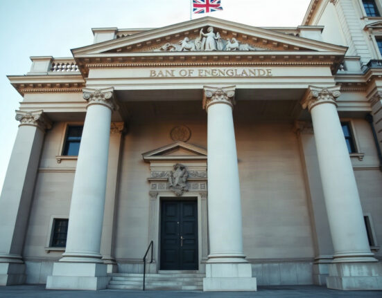 Bank of England building in London, with British flag flying, on a clear day.