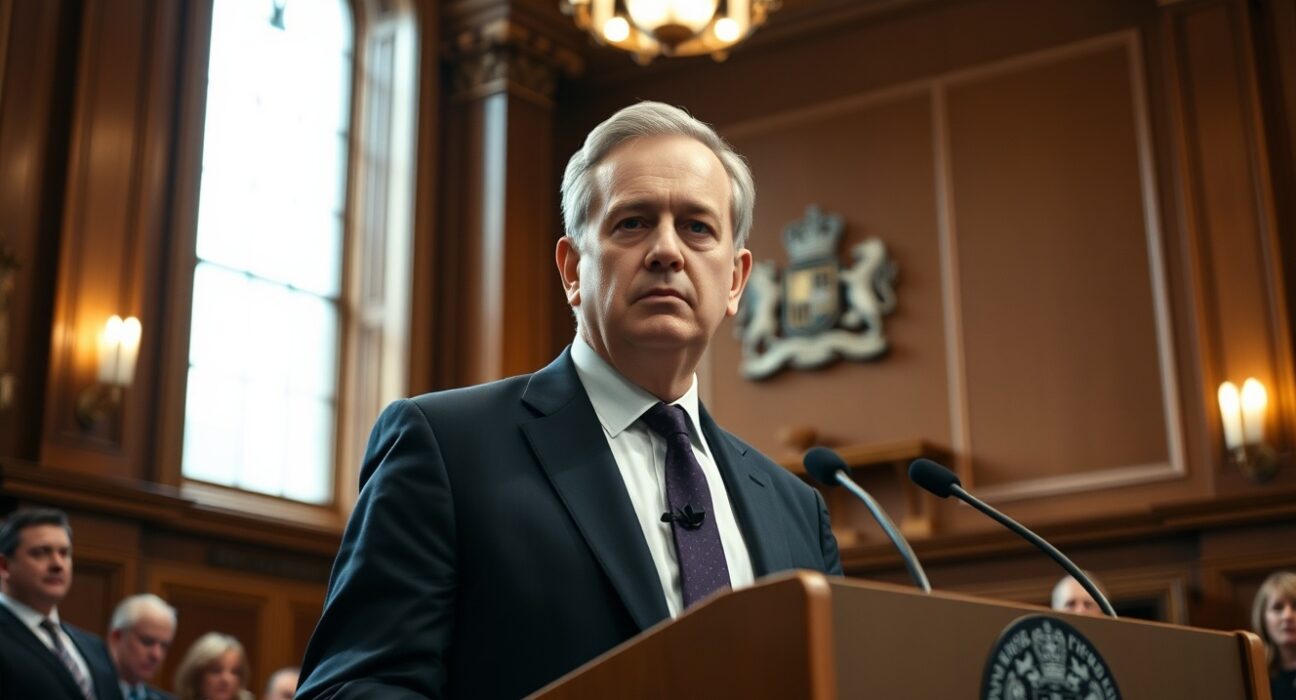Bank of England Governor Andrew Bailey speaking at a press conference, signaling no immediate rate cuts.