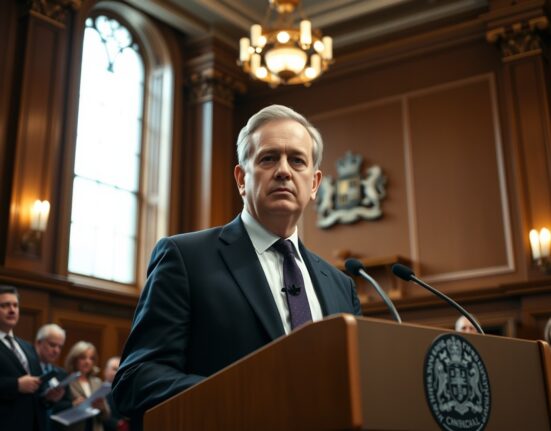 Bank of England Governor Andrew Bailey speaking at a press conference, signaling no immediate rate cuts.