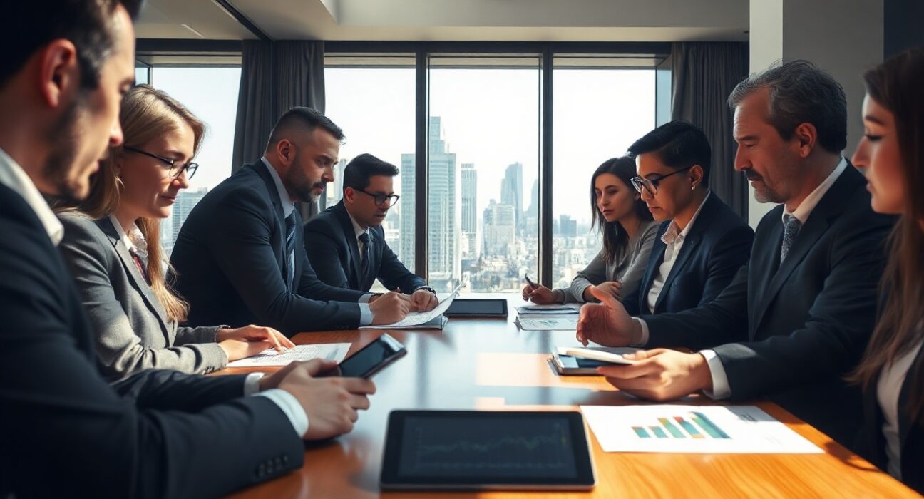 Business executives analyzing financial charts and data in a London boardroom meeting.