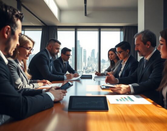 Business executives analyzing financial charts and data in a London boardroom meeting.