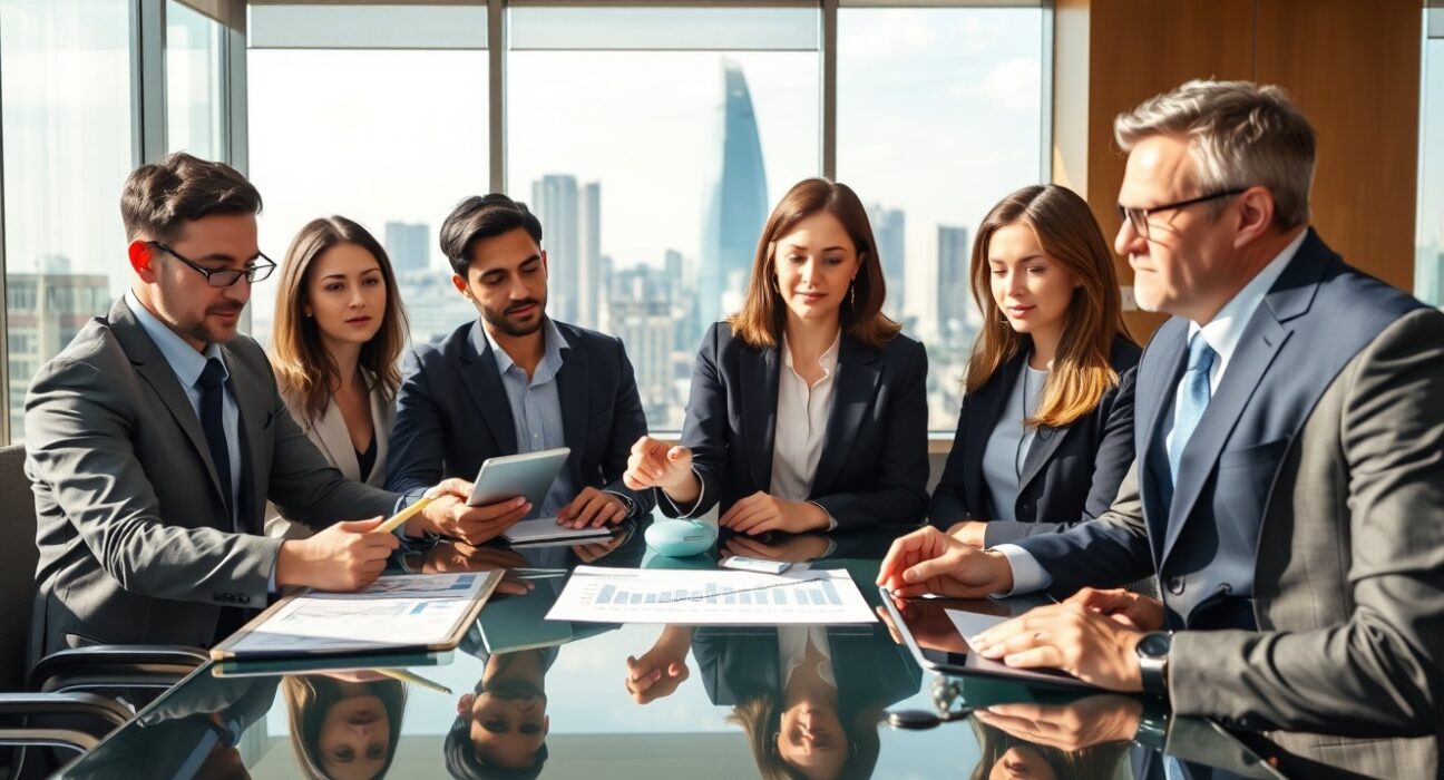 Business executives analyzing economic data from the BoE DMP Survey showing inflation and employment trends