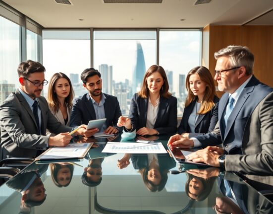 Business executives analyzing economic data from the BoE DMP Survey showing inflation and employment trends