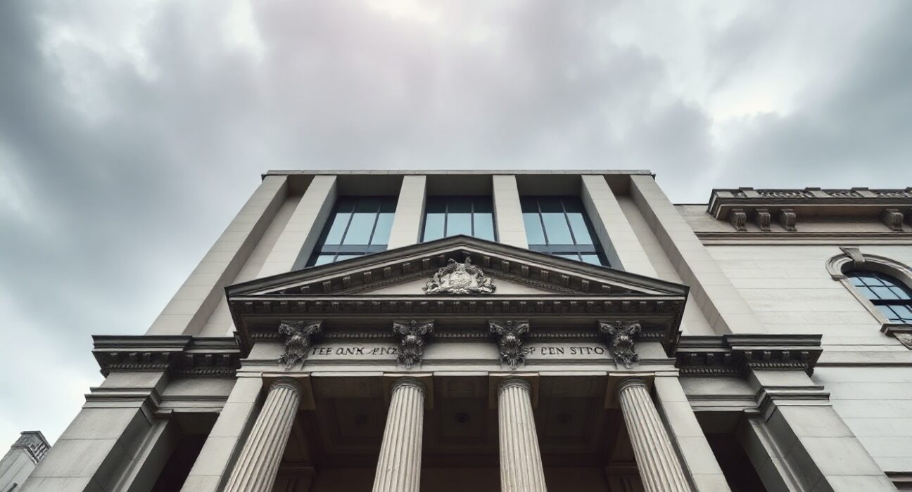 Bank of England building on a cloudy day, representing monetary policy decision.